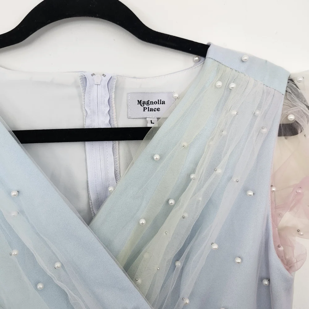 Magnolia Pastel Blue and Pink Party Dress with Pearl Details - Picture 4 of 4